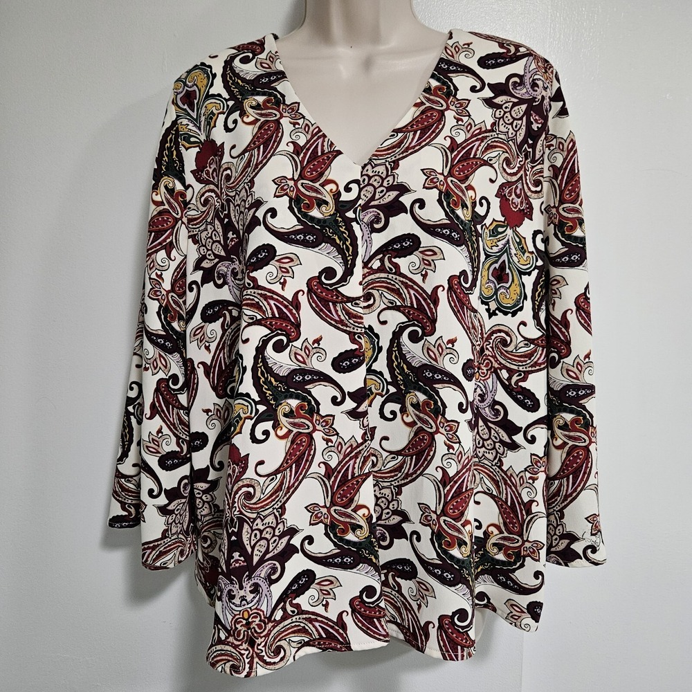 Chico's Petite 2P (PL) Ivory Wine Bold Paisley Tunic Top w/ Flare Slit Sleeve